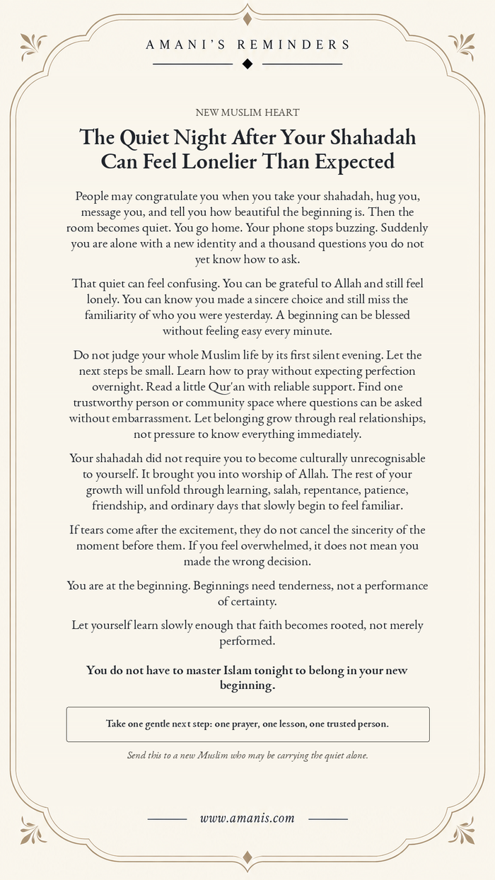 Amani's Reminders poster for a new Muslim facing the quiet, uncertain first night after shahadah.