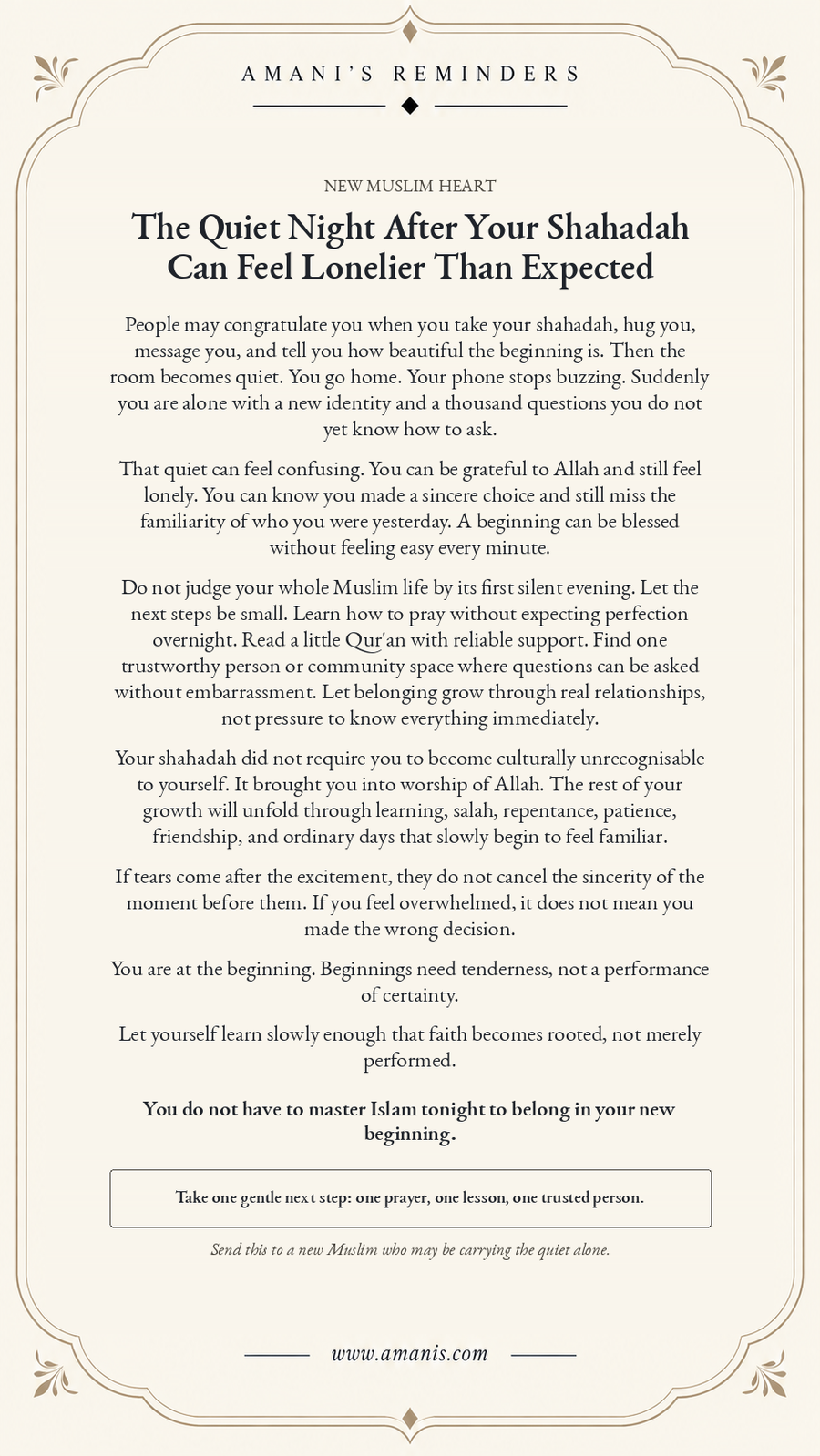 Amani's Reminders poster for a new Muslim facing the quiet, uncertain first night after shahadah.