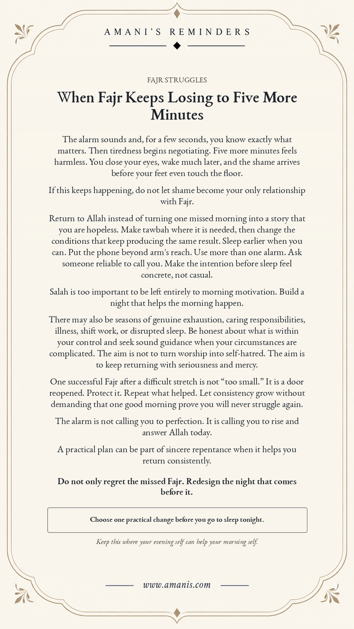 Amani's Reminders poster about struggling to wake for Fajr and preparing with practical sincerity.