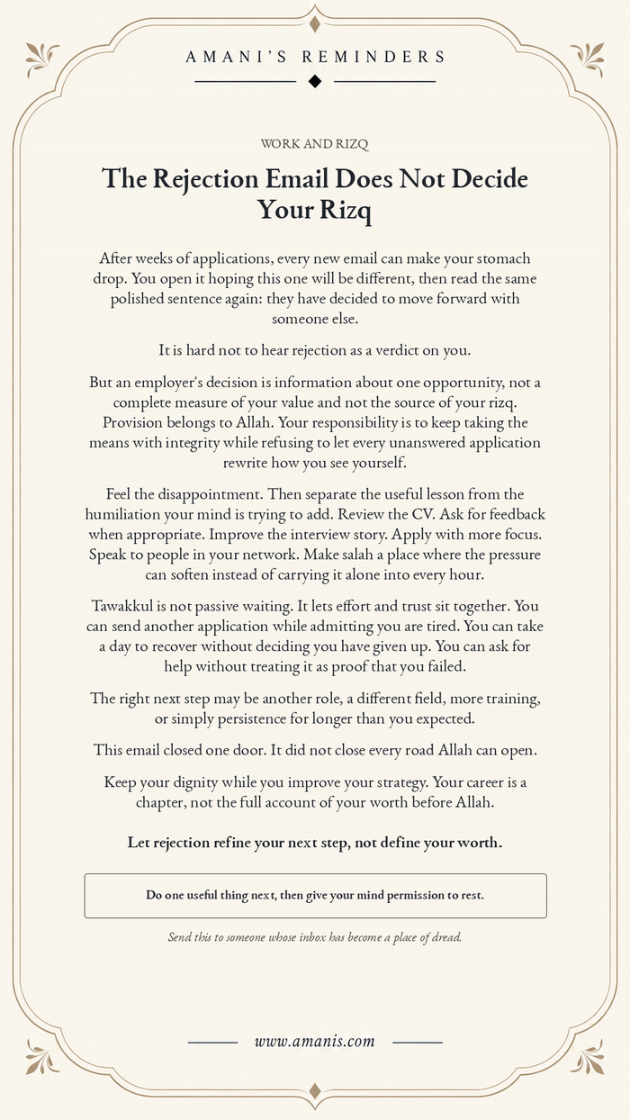 Amani's Reminders poster about job rejection, rizq, tawakkul and continuing to apply with care.