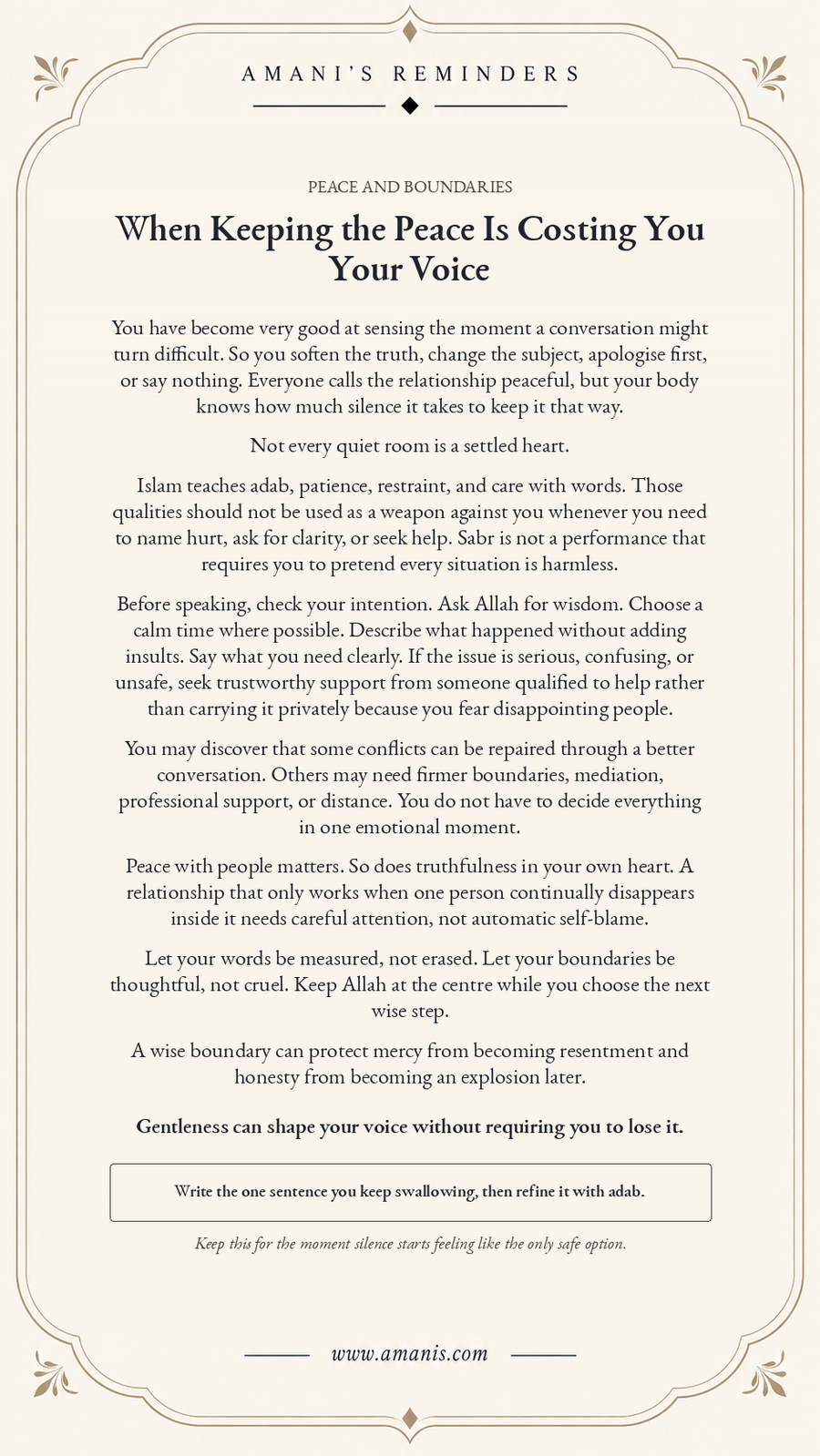 Amani's Reminders poster about speaking with care when keeping the peace is costing you your voice.