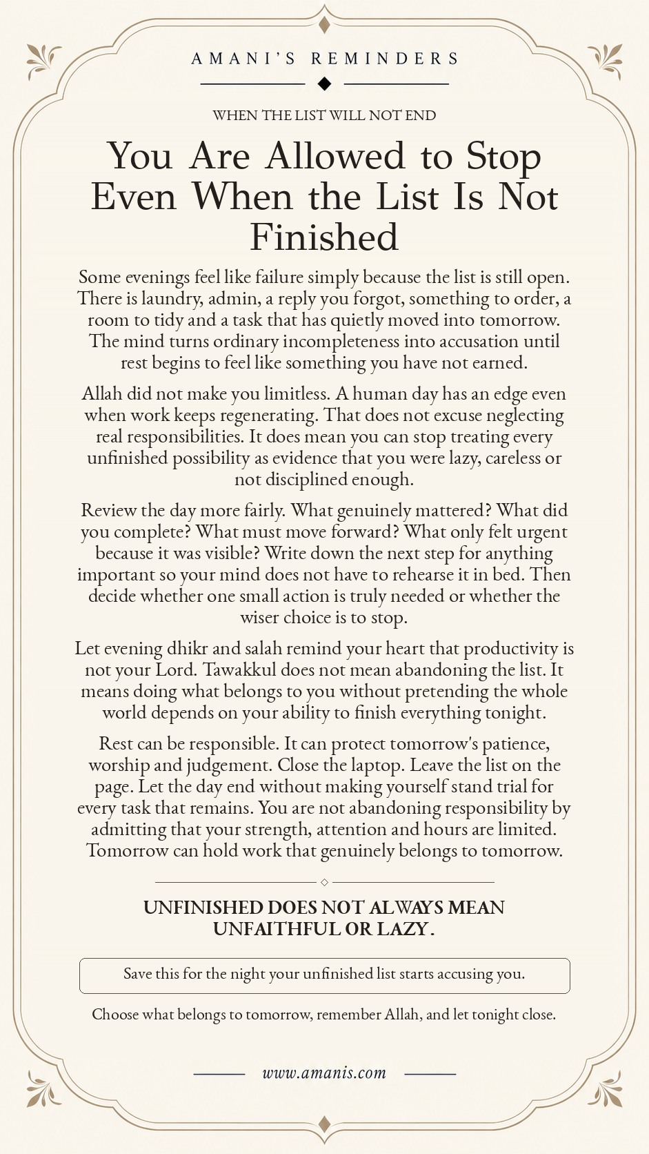 Amani’s Islamic evening reminder about unfinished tasks, remembrance of Allah and allowing responsible rest.