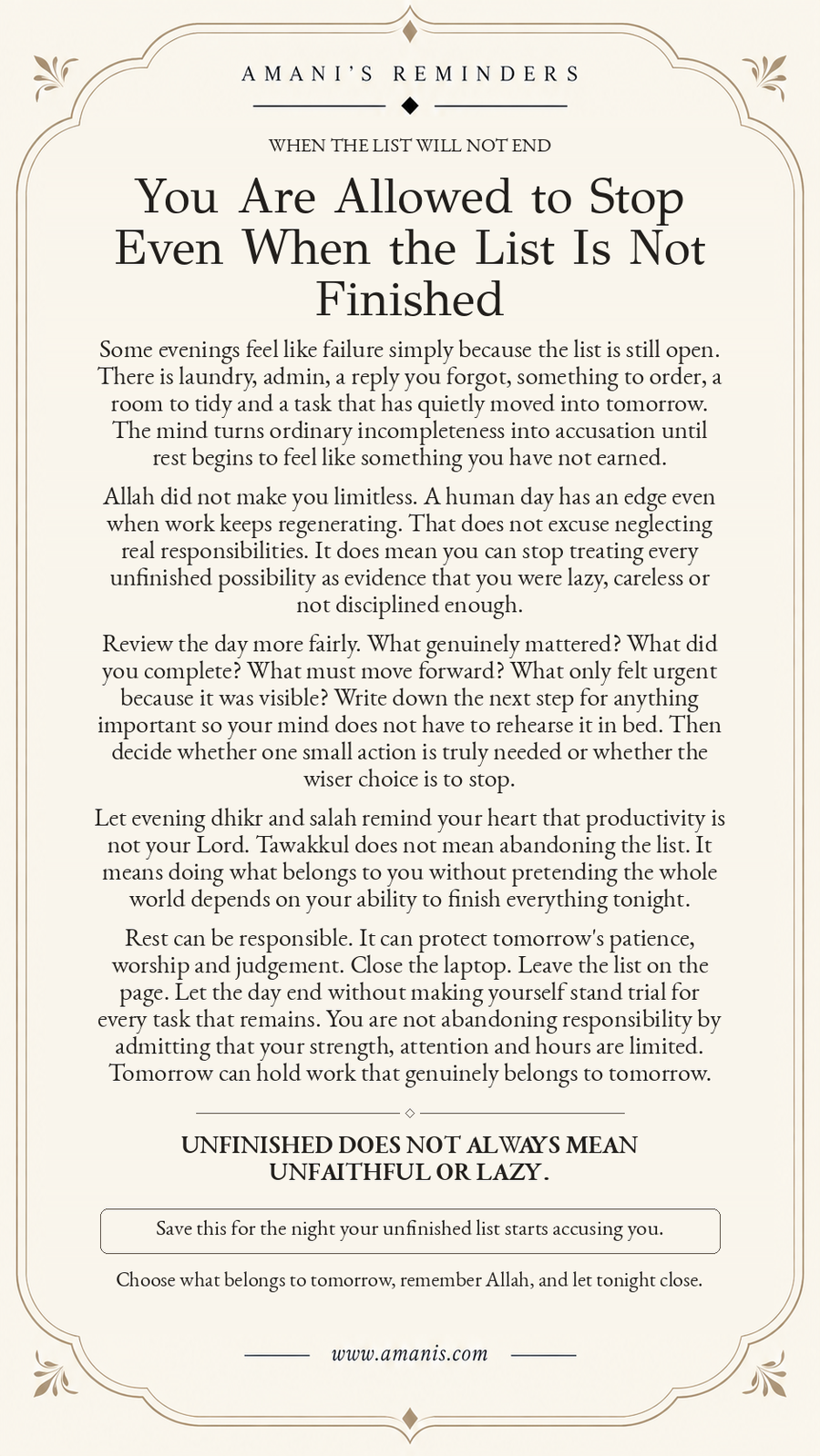 Amani’s Islamic evening reminder about unfinished tasks, remembrance of Allah and allowing responsible rest.