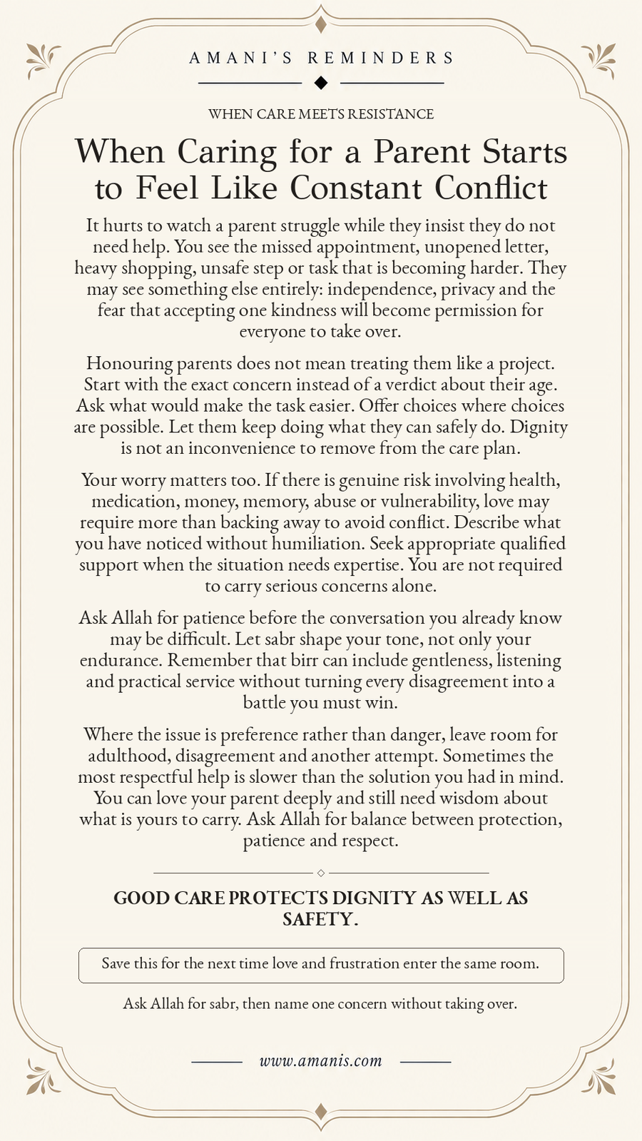 Amani’s Islamic family reminder about caring for an ageing parent while protecting dignity, choice and genuine safety.