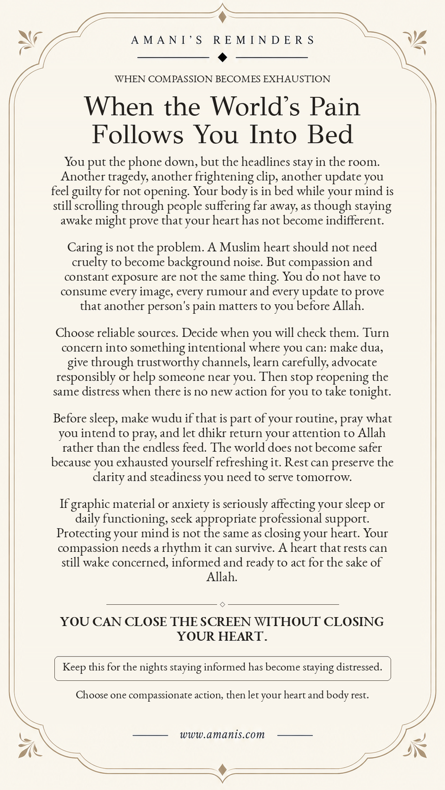 Amani’s Islamic reminder about bad news, doomscrolling, compassion and protecting sleep without closing your heart.