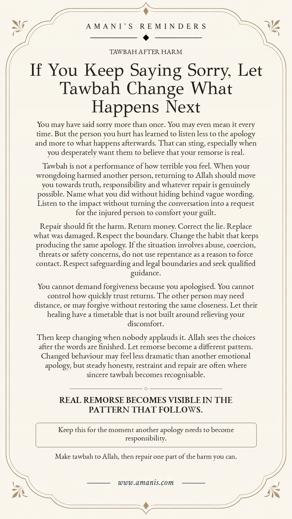 Amani’s Islamic tawbah reminder about apology, accountability, repair and proving remorse through changed behaviour.