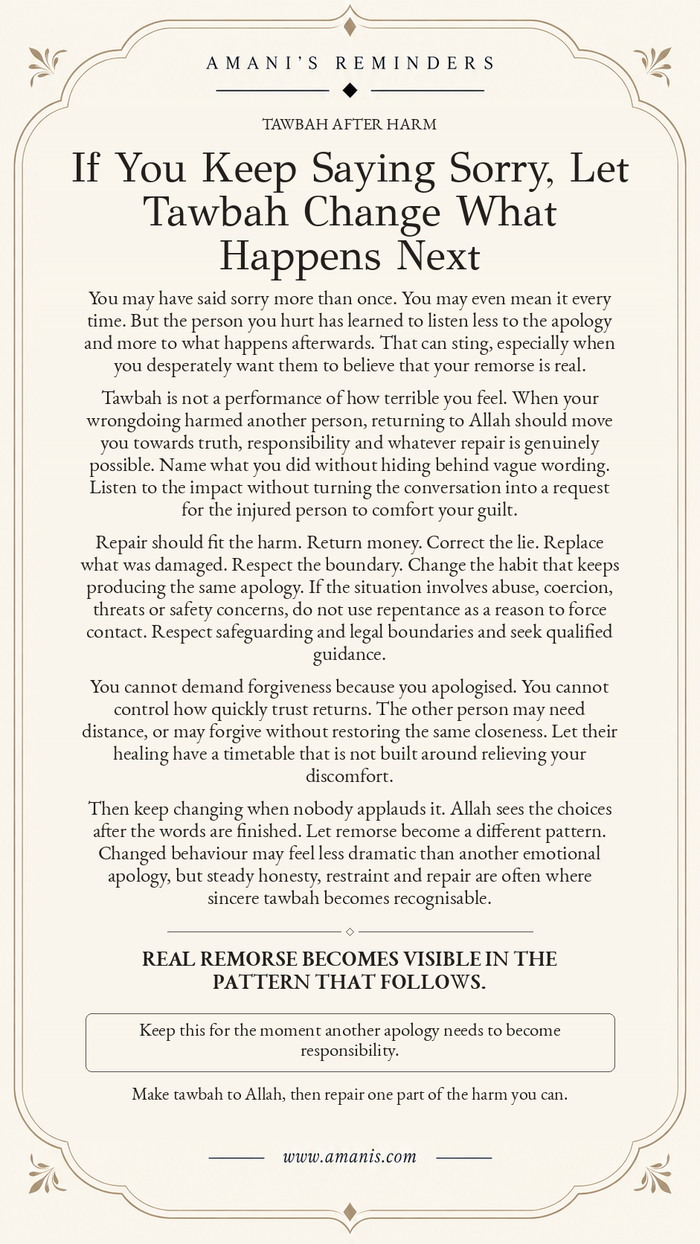 Amani’s Islamic tawbah reminder about apology, accountability, repair and proving remorse through changed behaviour.