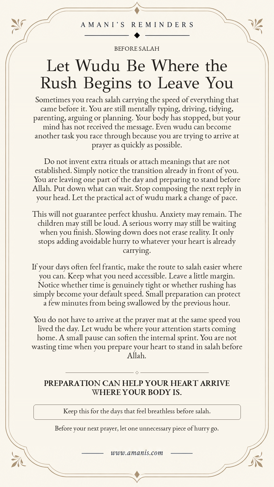 Amani’s Islamic salah reminder about letting wudu and preparation slow a rushed mind before prayer.