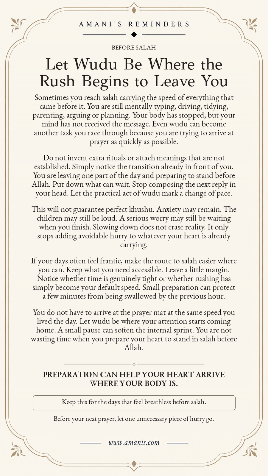 Amani’s Islamic salah reminder about letting wudu and preparation slow a rushed mind before prayer.