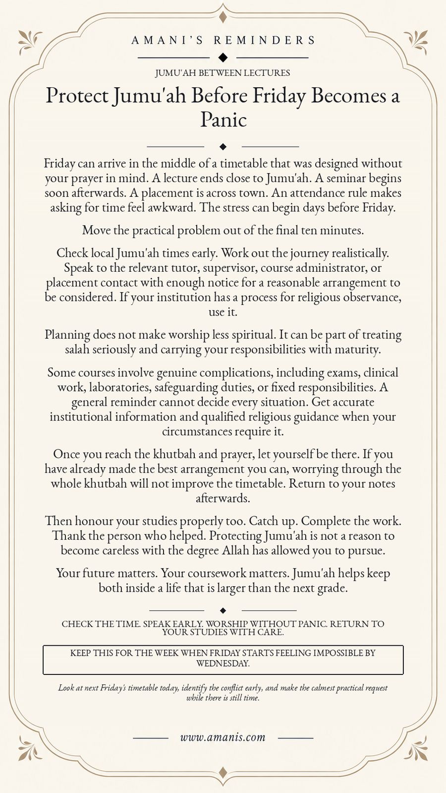 Amani’s Reminders poster for Muslim students protecting Jumu'ah between lectures, placements and travel through early planning and responsible study.