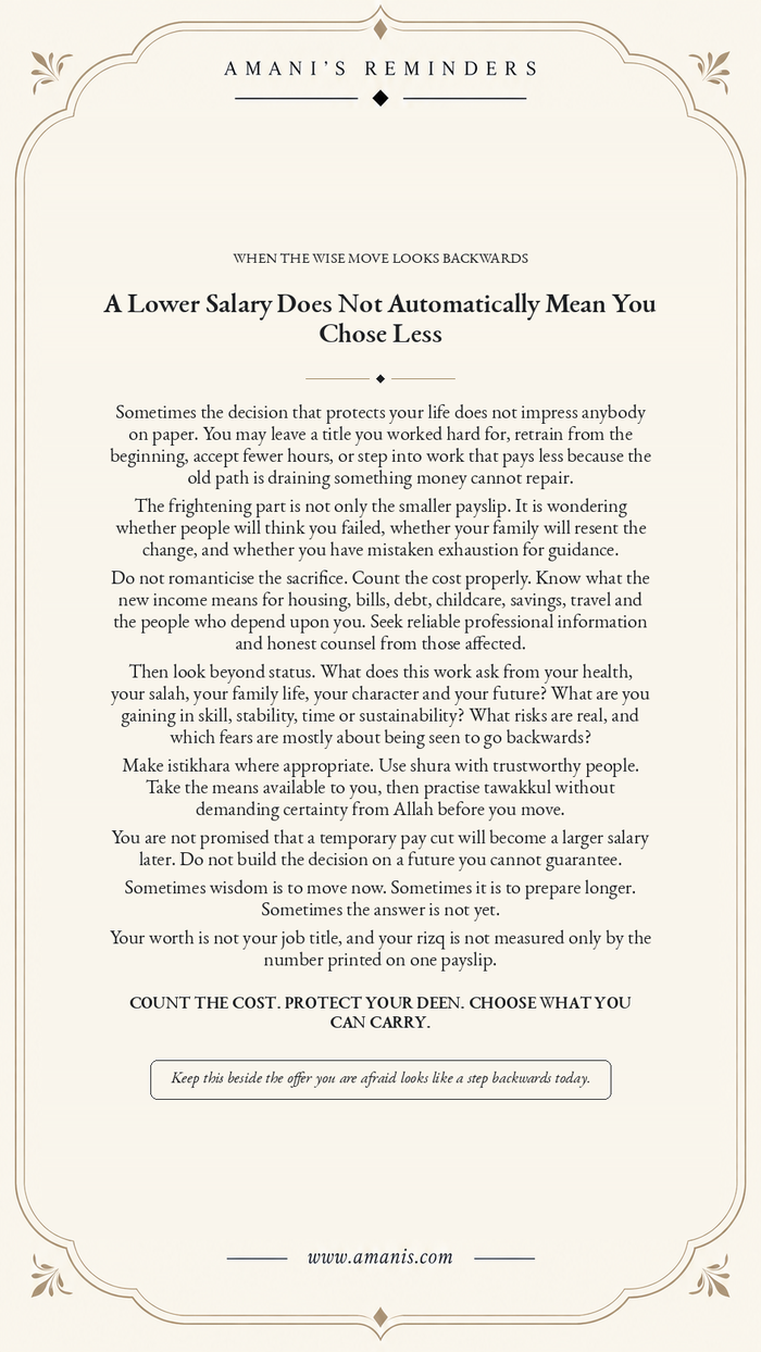 Cream Amani’s Reminders poster about weighing a career change that temporarily reduces income.