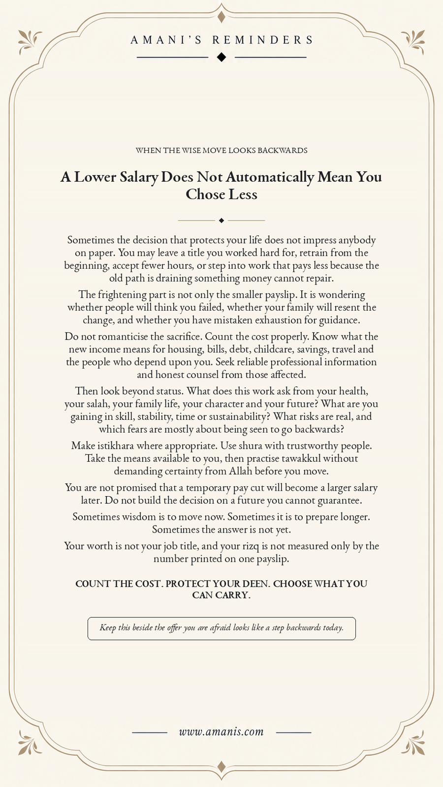 Cream Amani’s Reminders poster about weighing a career change that temporarily reduces income.