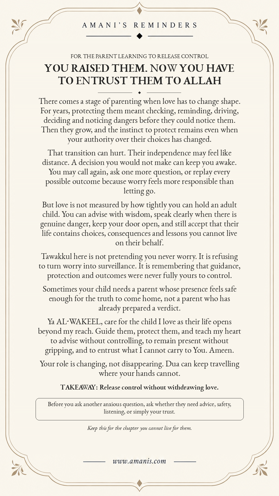 Cream Amani’s Reminders artwork for parents of grown children about releasing control, trusting Allah and calling upon Al-Wakeel.