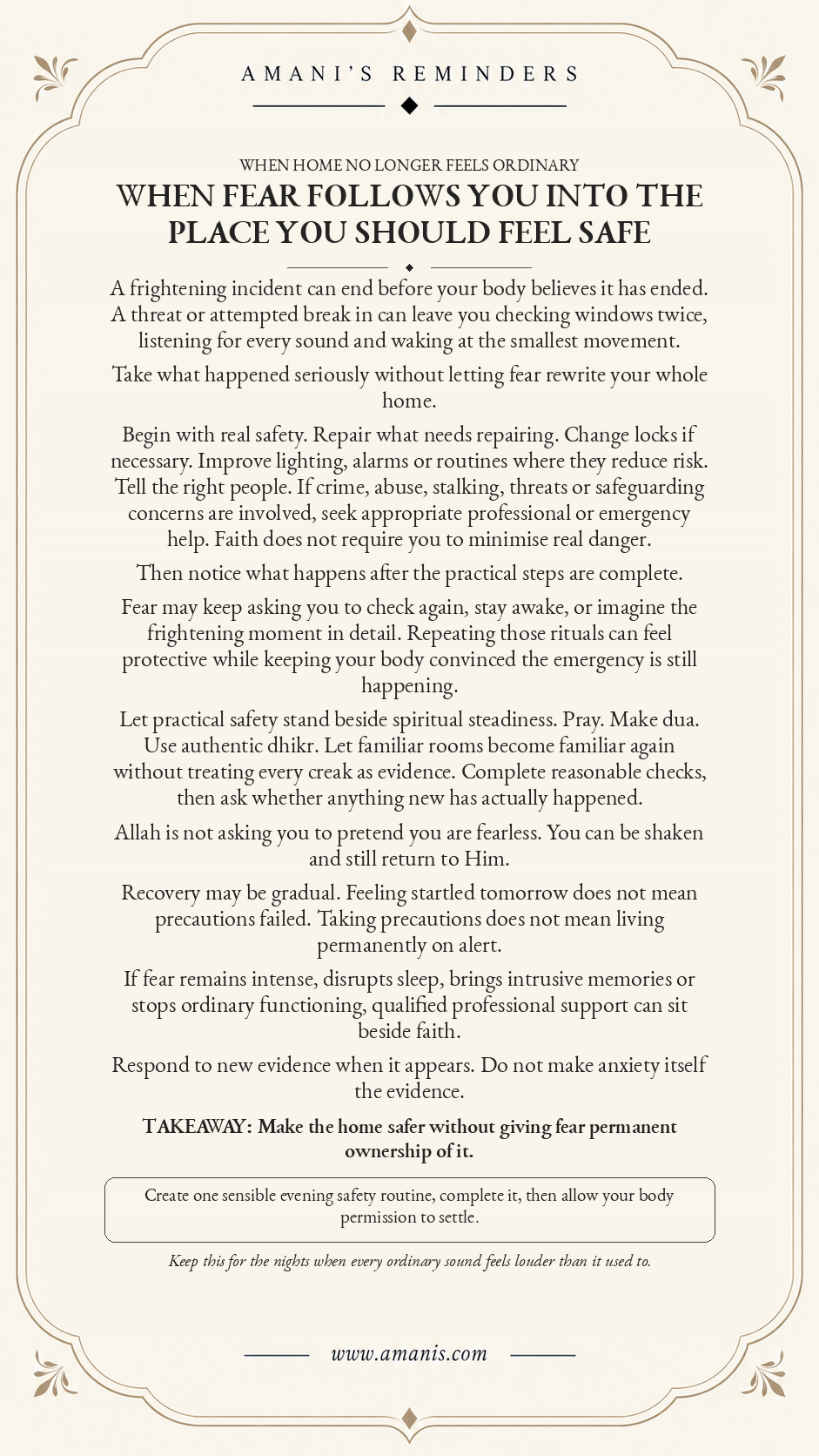Cream Amani’s Reminders artwork about fear after a frightening event at home, practical safety, dua and recovery without permanent hypervigilance.