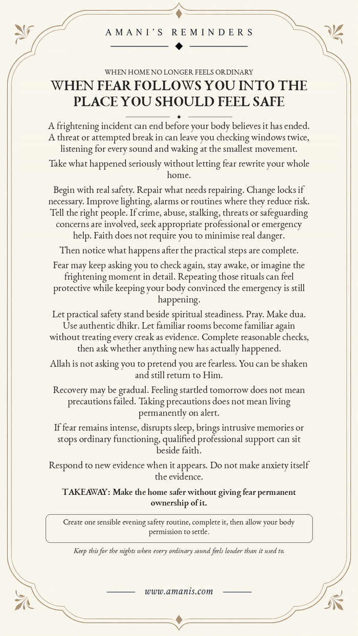 Cream Amani’s Reminders artwork about fear after a frightening event at home, practical safety, dua and recovery without permanent hypervigilance.
