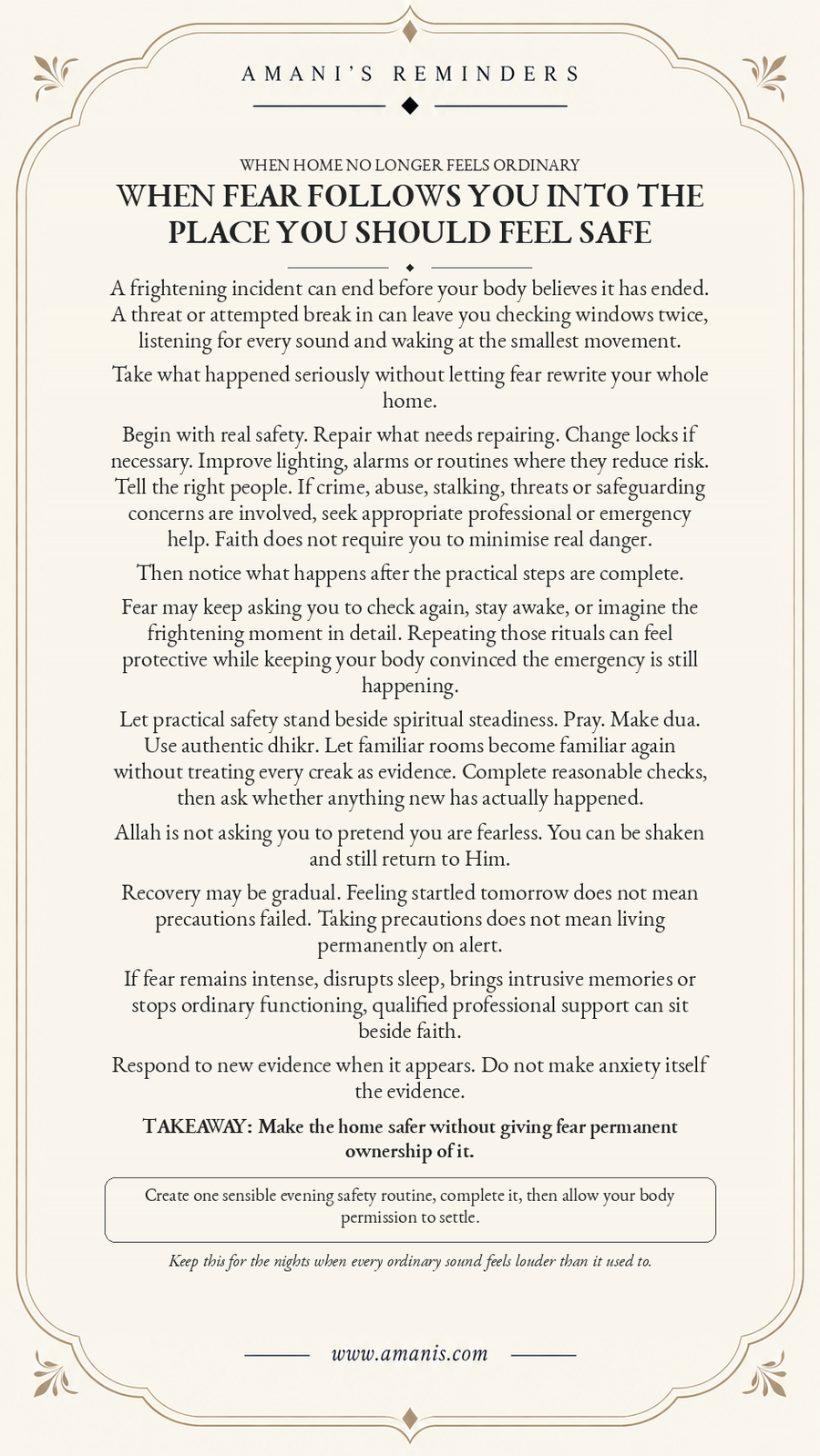 Cream Amani’s Reminders artwork about fear after a frightening event at home, practical safety, dua and recovery without permanent hypervigilance.