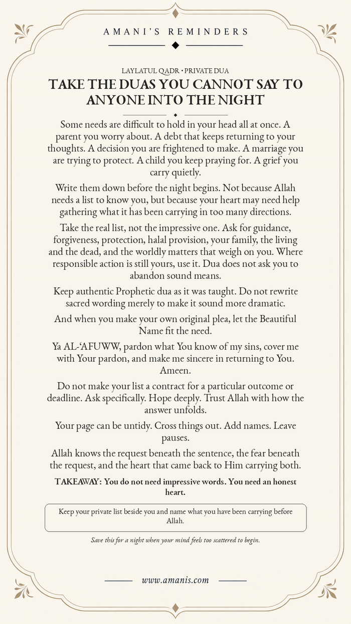 Cream Amani’s Reminders Laylatul Qadr artwork about private dua, responsible action and asking Ya Al-‘Afuww for pardon.