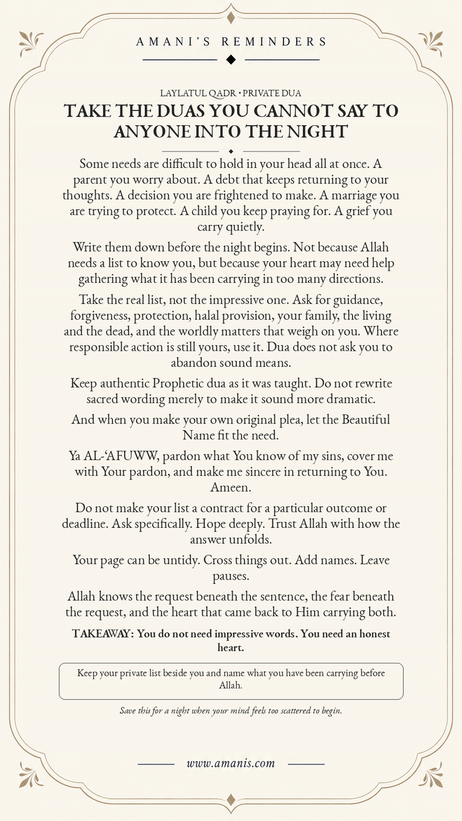 Cream Amani’s Reminders Laylatul Qadr artwork about private dua, responsible action and asking Ya Al-‘Afuww for pardon.