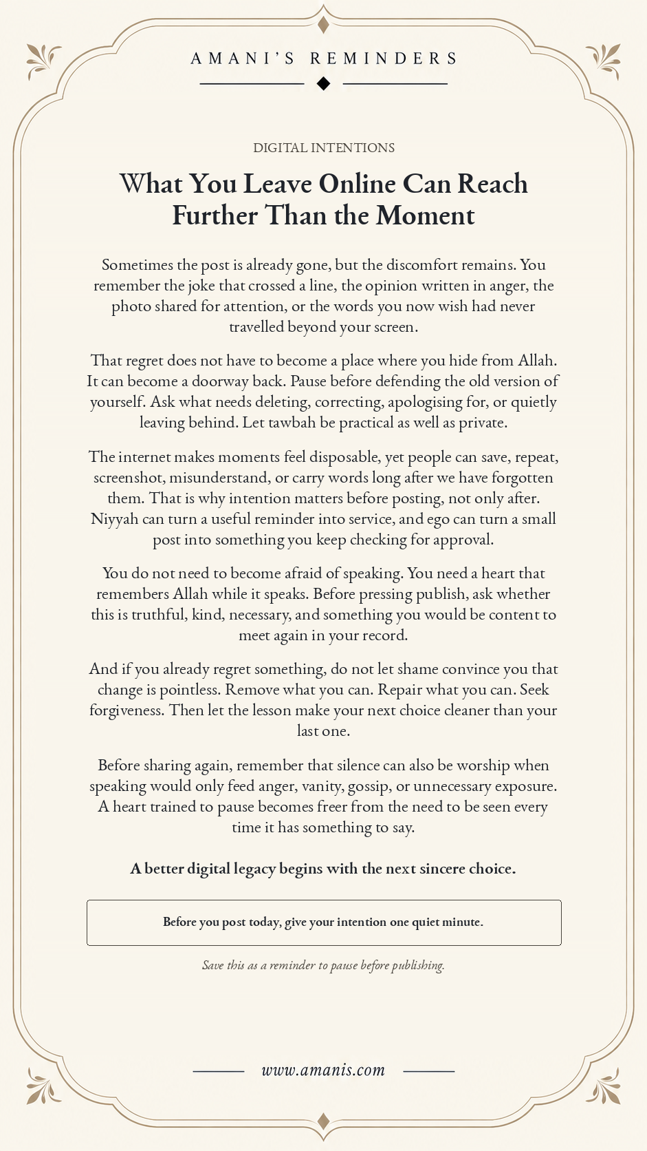 Amani's Reminders poster about digital intentions, tawbah and pausing before sharing online.