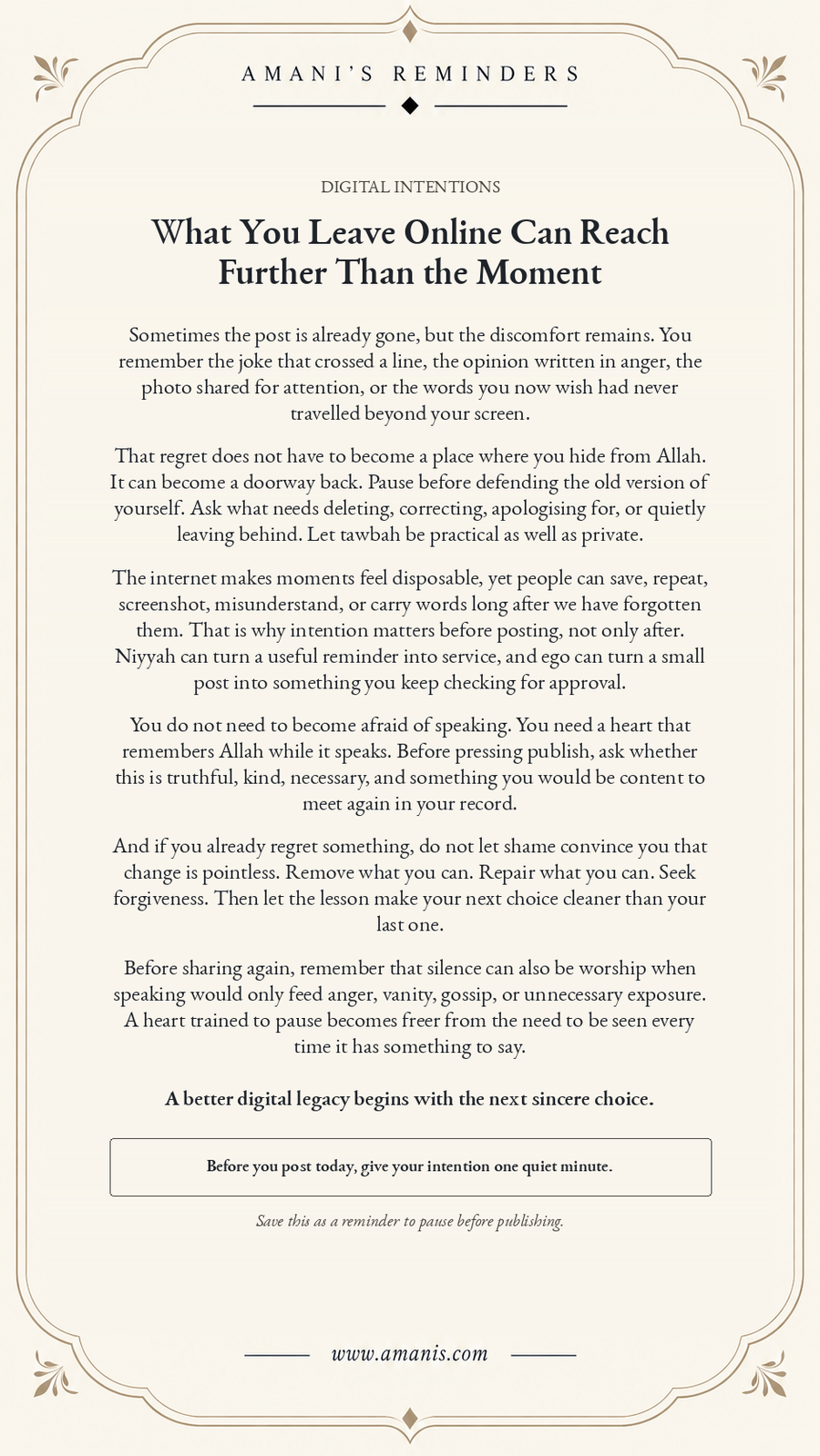 Amani's Reminders poster about digital intentions, tawbah and pausing before sharing online.