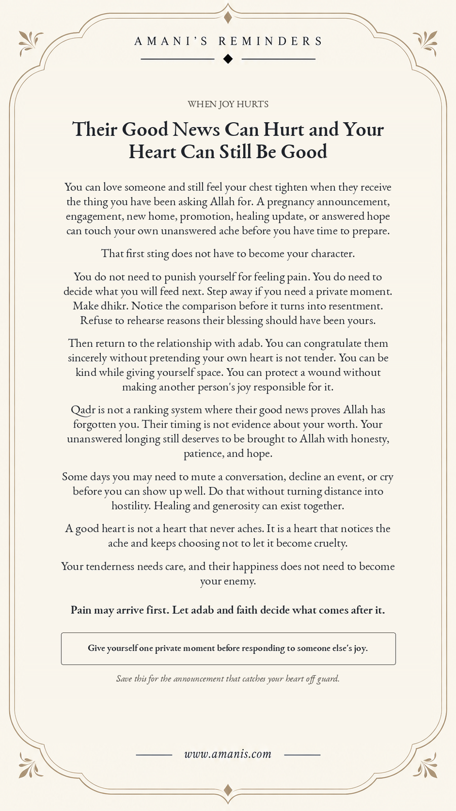 Amani's Reminders poster about responding with goodness when a friend's joyful news touches your own ache.