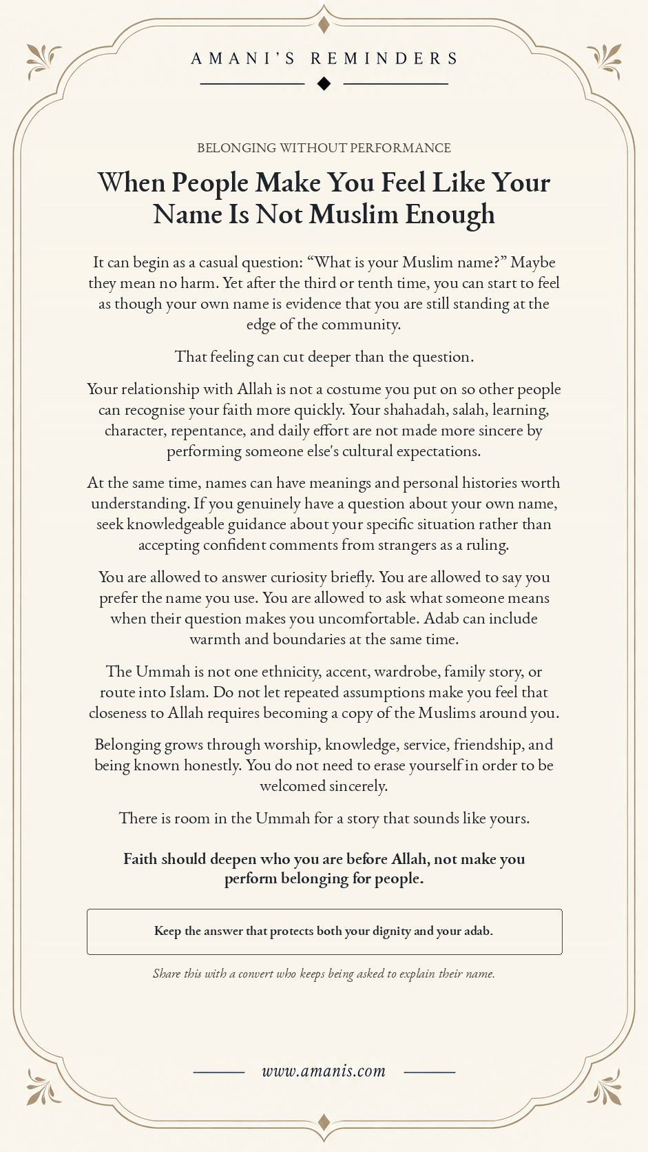 Amani's Reminders poster for converts facing pressure to adopt a different Muslim name.