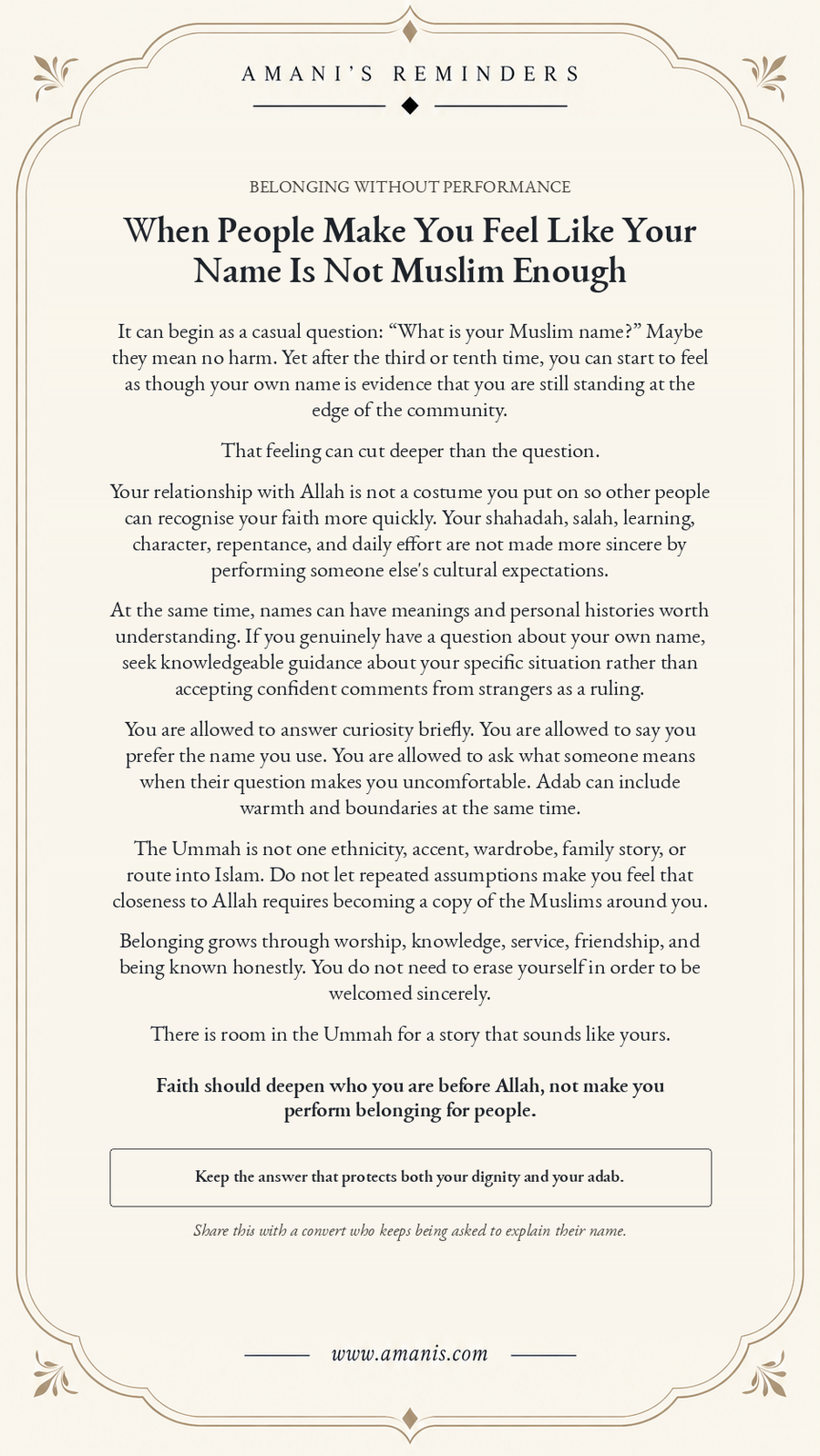 Amani's Reminders poster for converts facing pressure to adopt a different Muslim name.