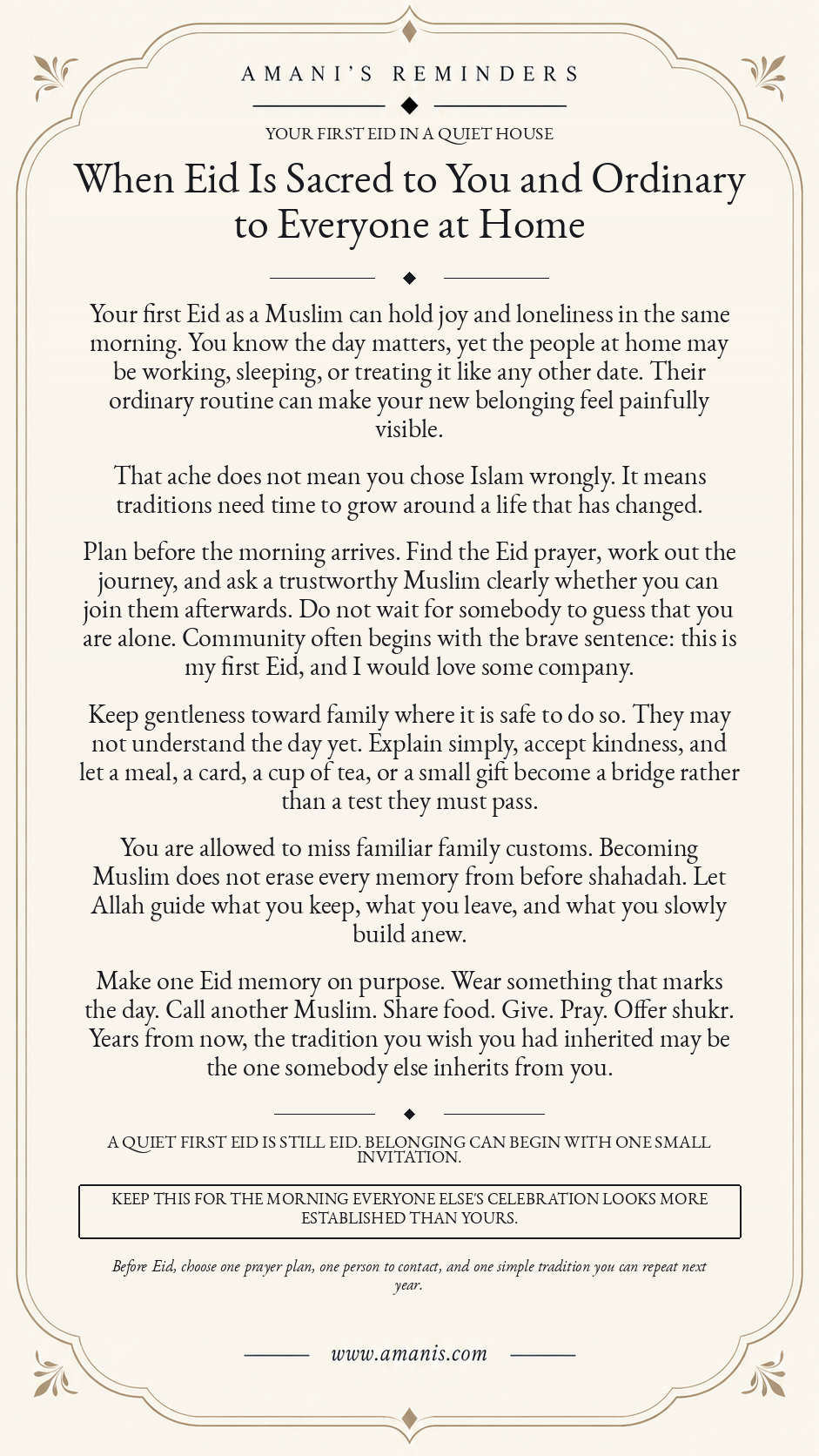 Amani’s Reminders poster for a new Muslim whose first Eid feels sacred while home feels ordinary, with guidance on community, family gentleness and new traditions.