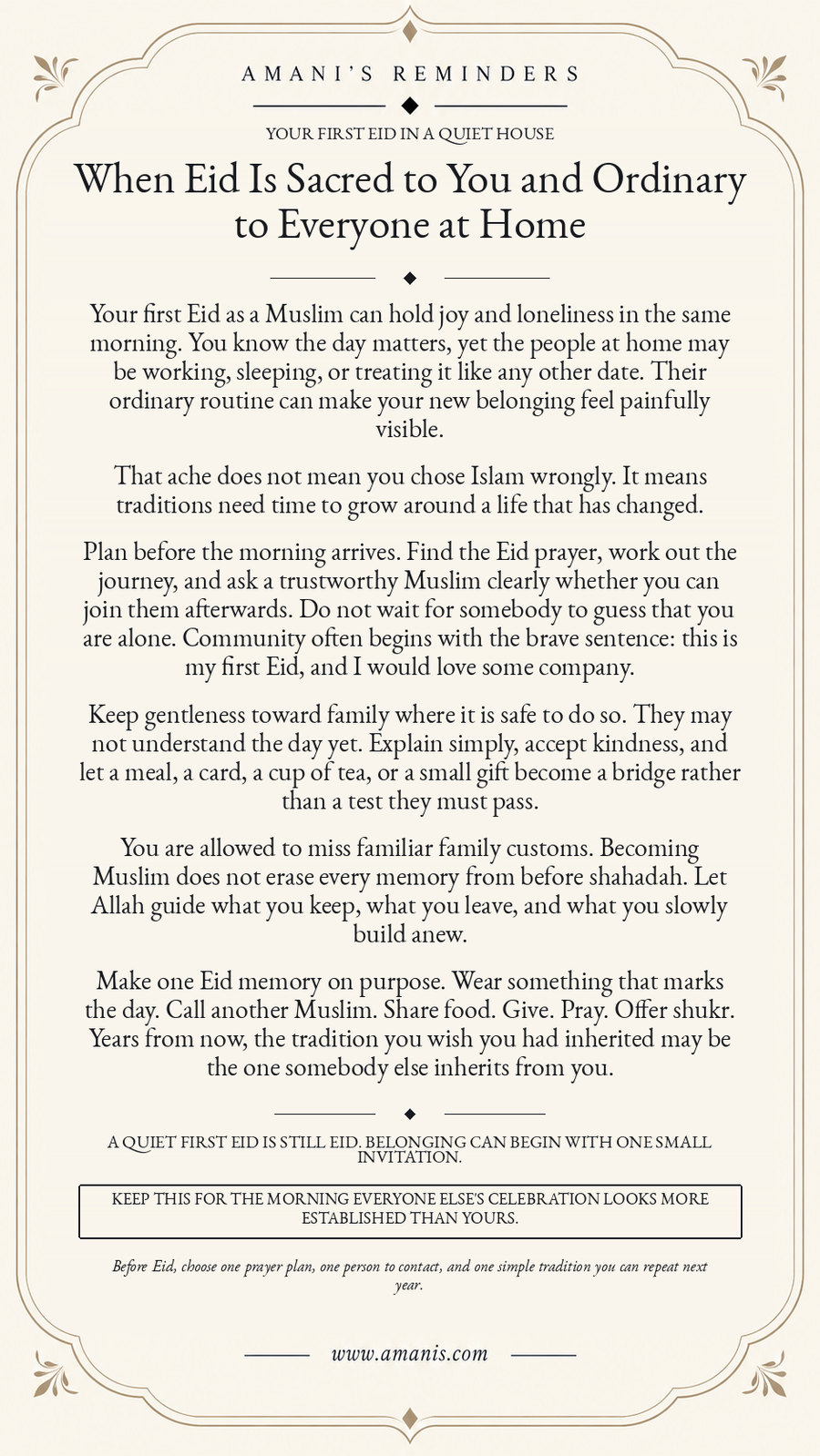 Amani’s Reminders poster for a new Muslim whose first Eid feels sacred while home feels ordinary, with guidance on community, family gentleness and new traditions.