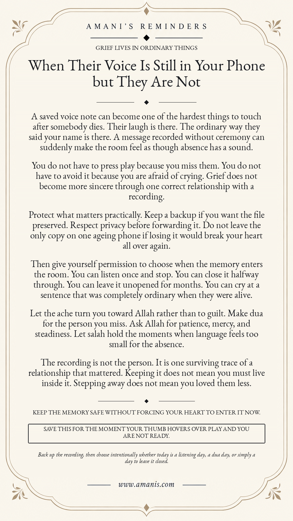 Amani’s Reminders poster about grief, a loved one’s saved voice recording, preserving it safely and choosing when to listen without guilt.