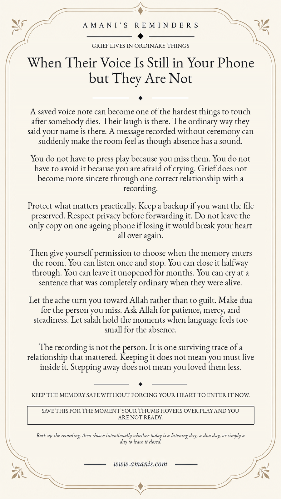 Amani’s Reminders poster about grief, a loved one’s saved voice recording, preserving it safely and choosing when to listen without guilt.