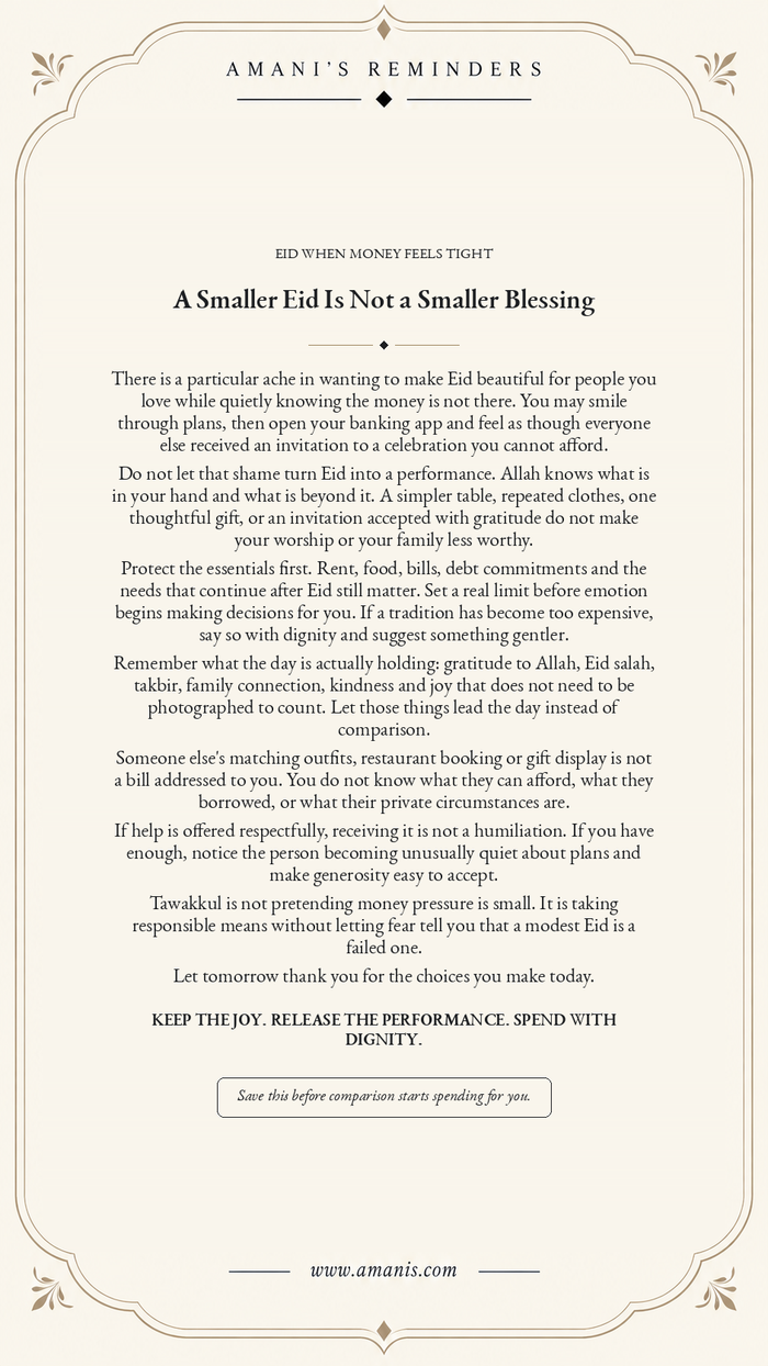Cream Amani’s Reminders poster about celebrating Eid with dignity when money is tight.