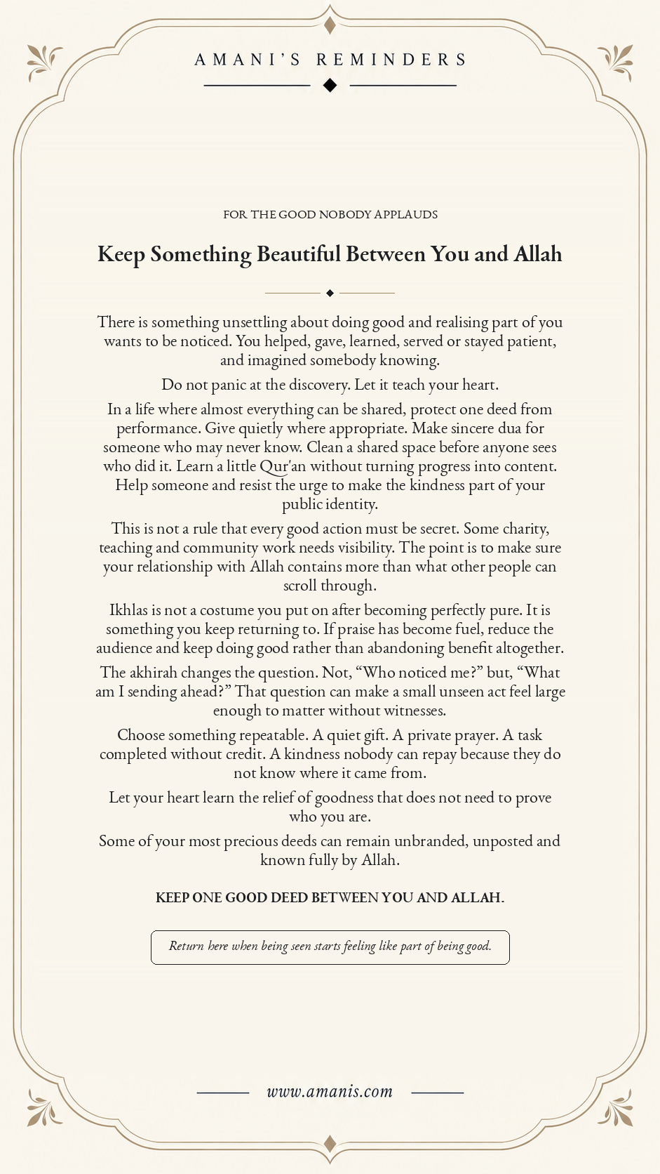 Cream Amani’s Reminders poster about hidden good deeds, sincerity and keeping some worship between you and Allah.
