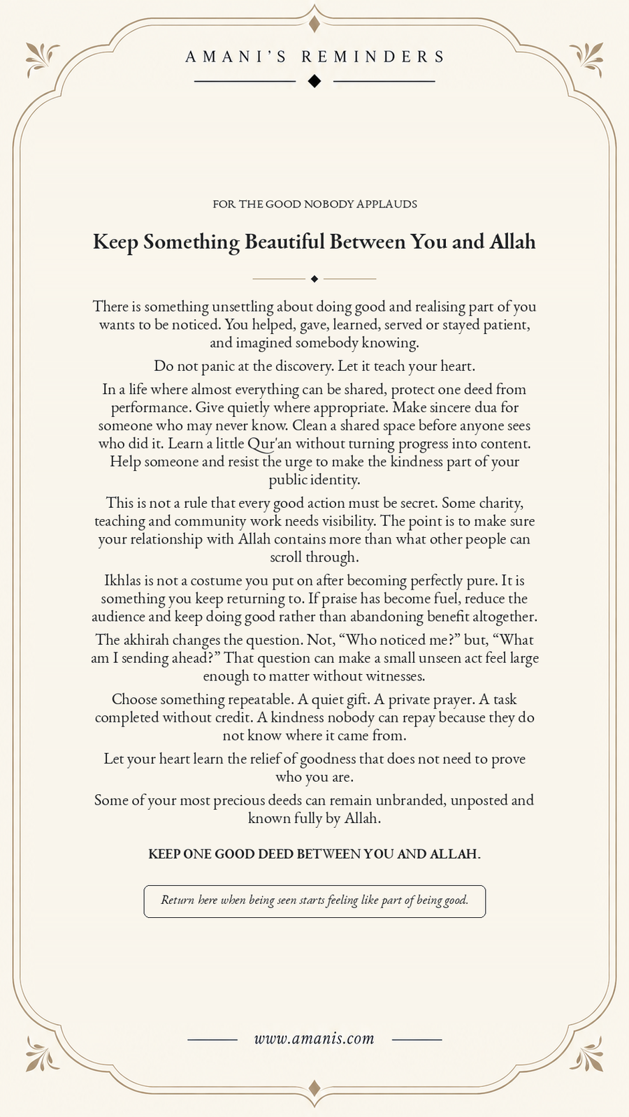 Cream Amani’s Reminders poster about hidden good deeds, sincerity and keeping some worship between you and Allah.
