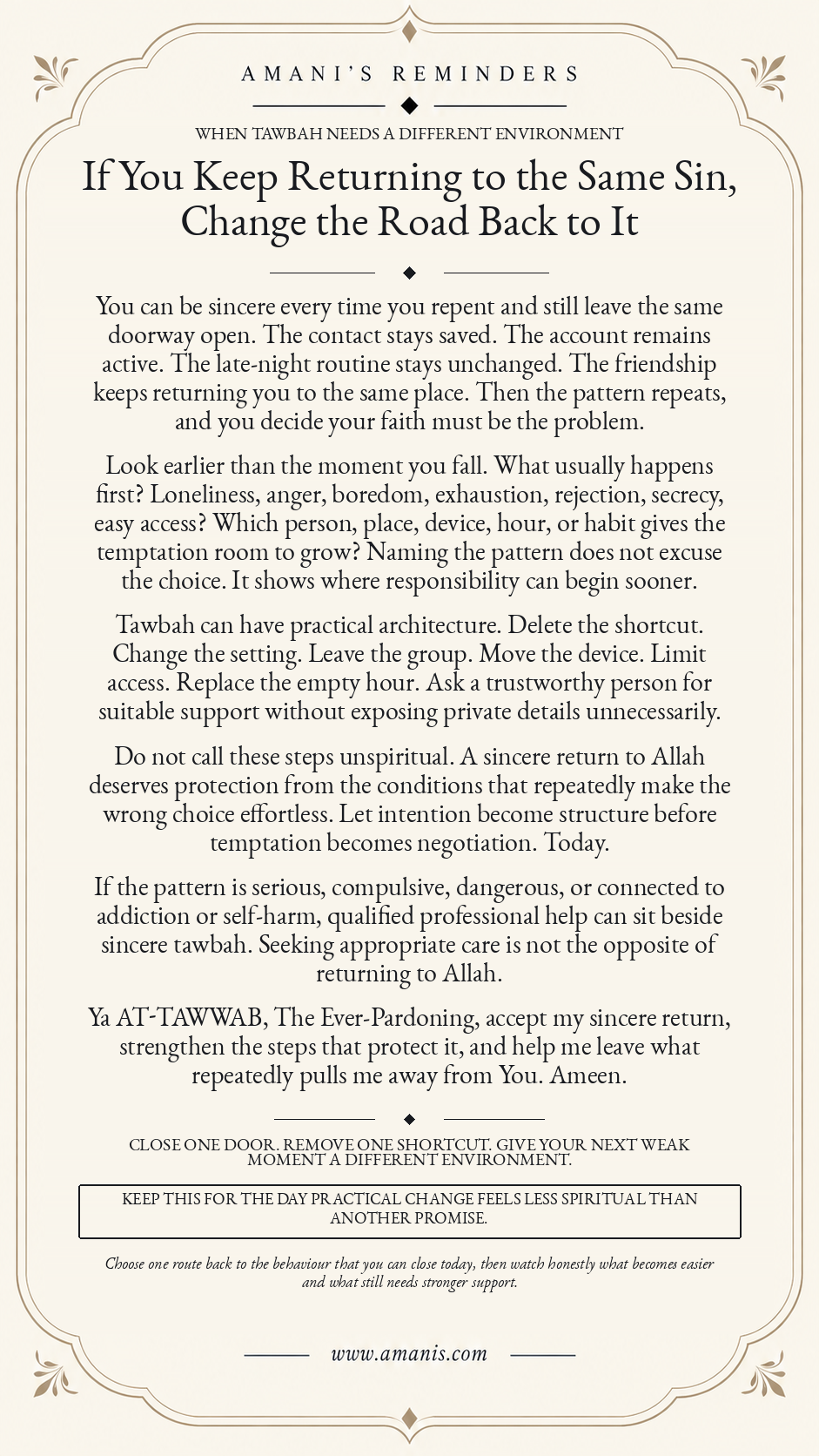 Amani’s Reminders Tawbah poster about changing the environment around recurring sin, closing practical routes back and returning to Allah through AT-TAWWAB.