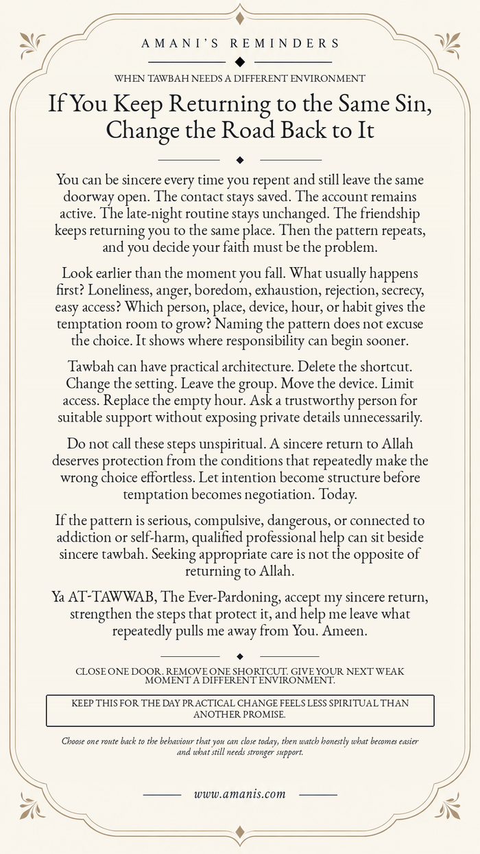 Amani’s Reminders Tawbah poster about changing the environment around recurring sin, closing practical routes back and returning to Allah through AT-TAWWAB.