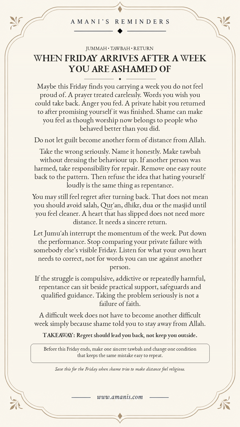 Cream Amani’s Reminders Jummah and Tawbah artwork about returning to Allah after a week you regret instead of letting shame create distance.