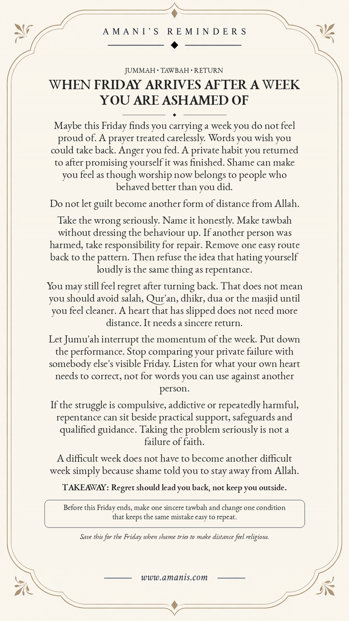 Cream Amani’s Reminders Jummah and Tawbah artwork about returning to Allah after a week you regret instead of letting shame create distance.