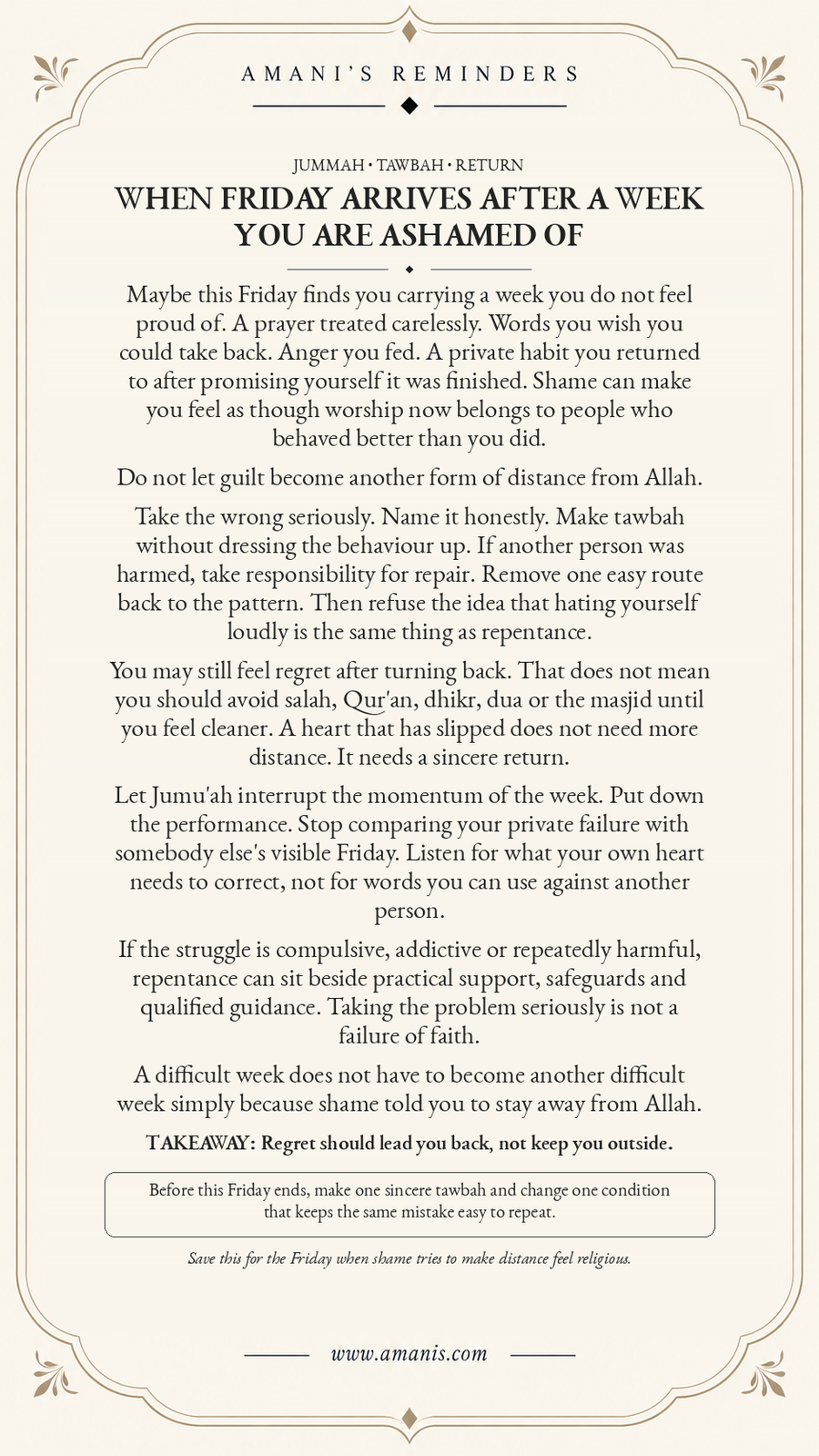 Cream Amani’s Reminders Jummah and Tawbah artwork about returning to Allah after a week you regret instead of letting shame create distance.