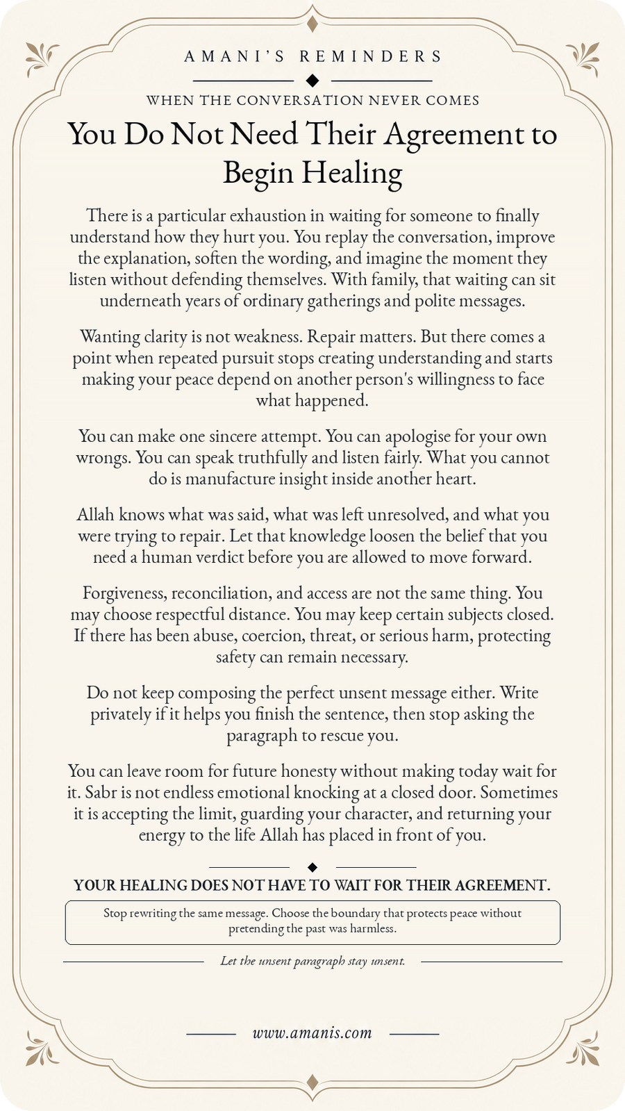 Amani's Reminders poster about healing when an unresolved family conversation never brings the understanding you hoped for.