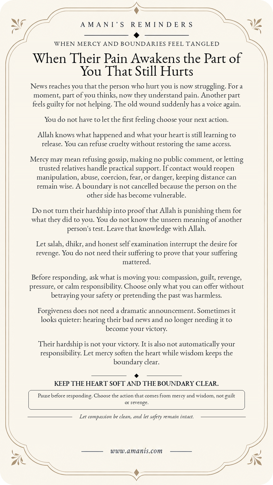 Amani's Reminders poster about mercy, boundaries and refusing revenge when someone who hurt you is now struggling.