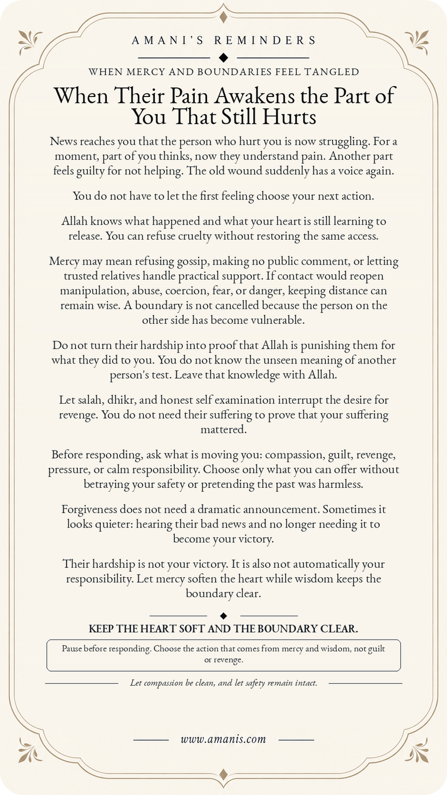 Amani's Reminders poster about mercy, boundaries and refusing revenge when someone who hurt you is now struggling.