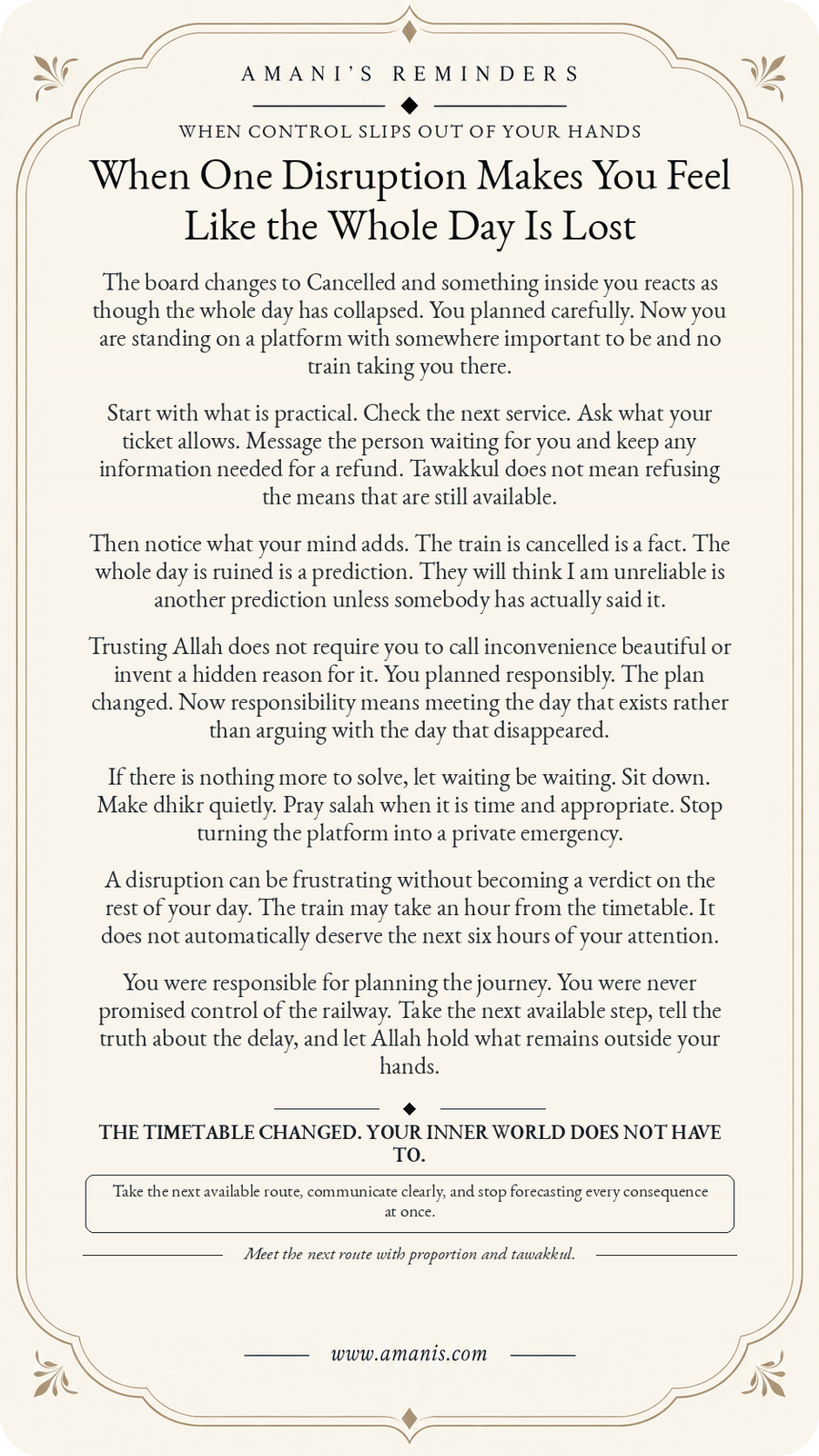 Amani's Reminders poster about tawakkul when a cancelled train makes one disruption feel like the whole day is lost.