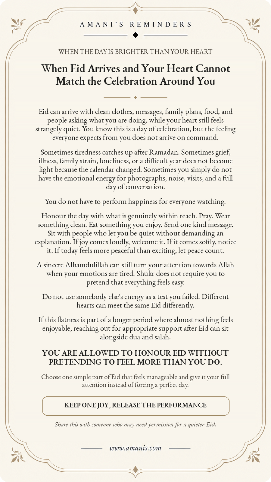 Amani's Eid reminder for a heart that feels quieter than the celebration, with room for shukr, worship, rest and support.