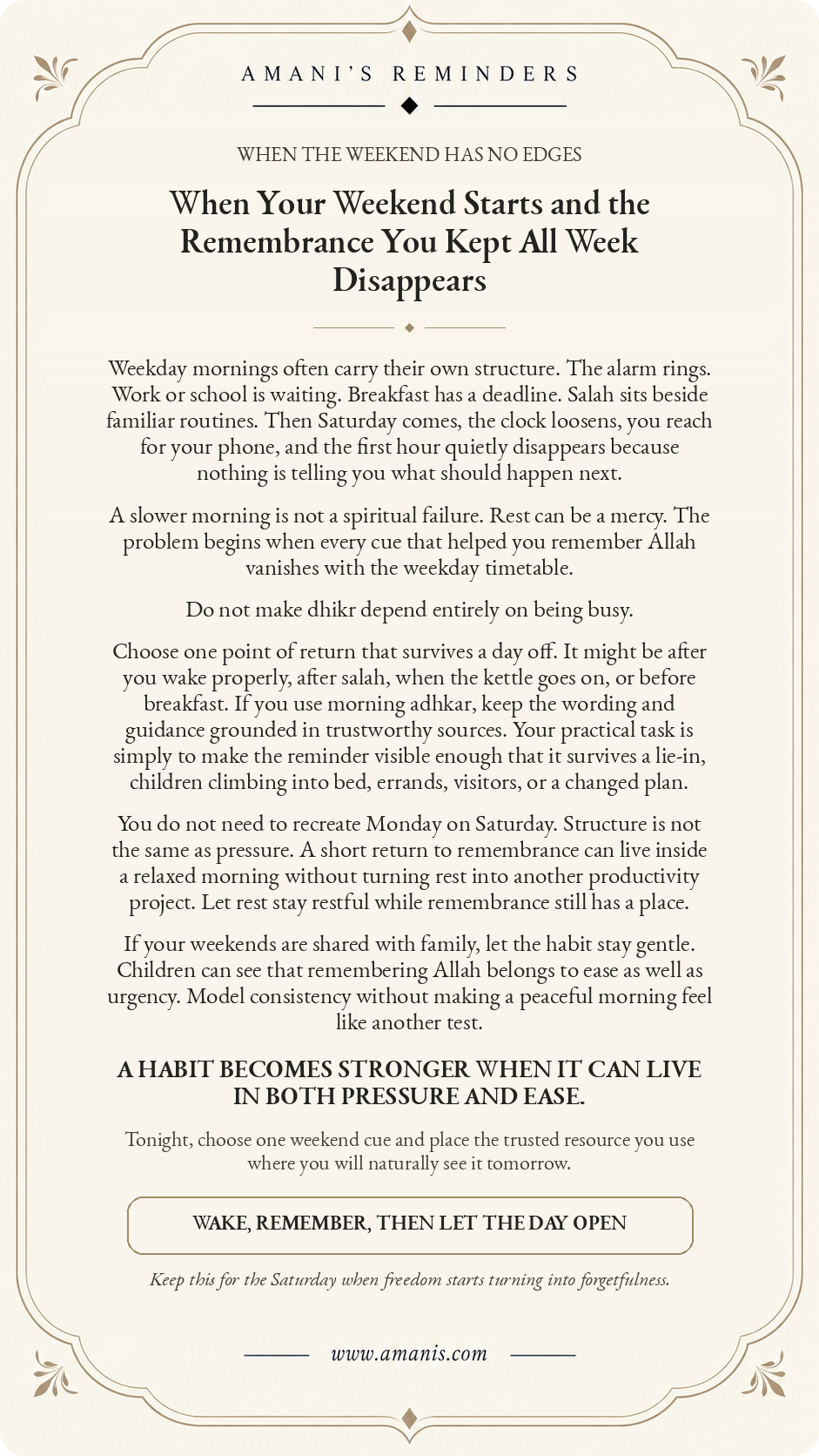 Amani's Islamic reminder about keeping dhikr and remembrance of Allah present on slow, unstructured weekend mornings.