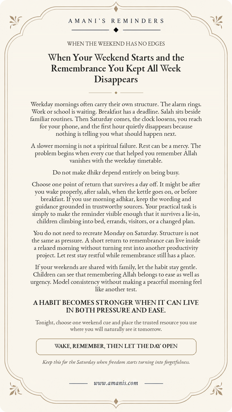 Amani's Islamic reminder about keeping dhikr and remembrance of Allah present on slow, unstructured weekend mornings.