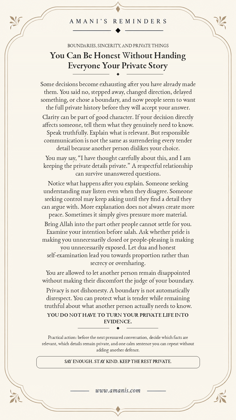 Amani's Reminders Islamic boundaries poster about being honest without oversharing private reasons behind personal decisions.