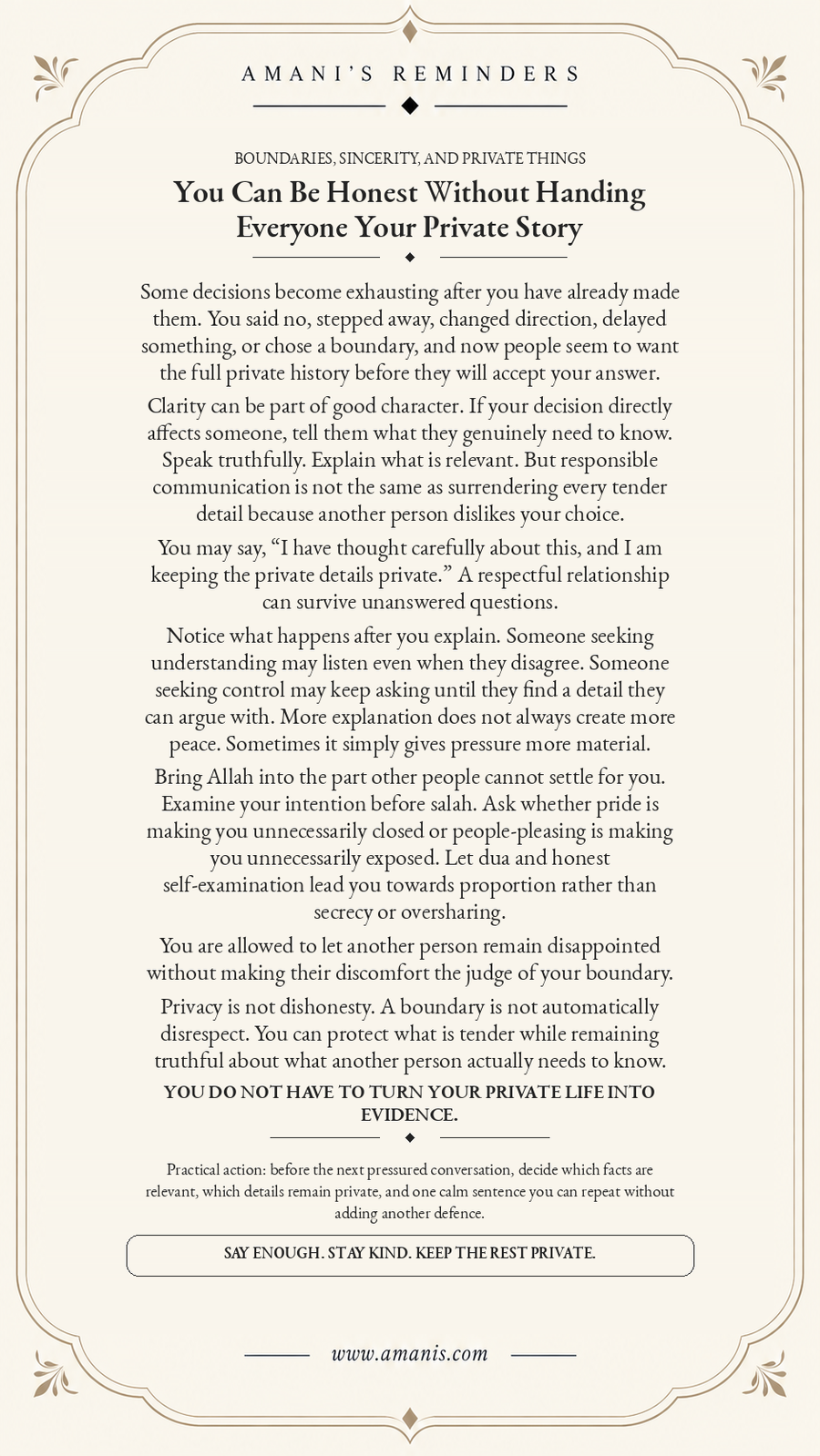Amani's Reminders Islamic boundaries poster about being honest without oversharing private reasons behind personal decisions.