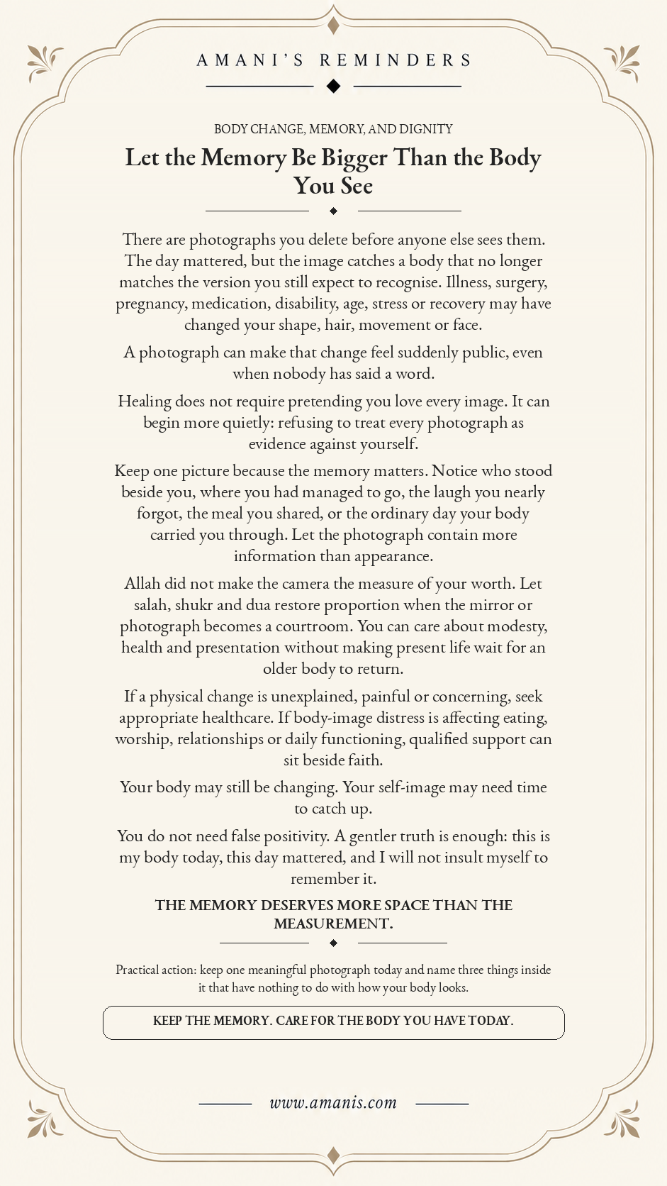 Amani's Reminders Islamic body-image poster about keeping meaningful photographs after body changes with dignity, shukr and gentle care.