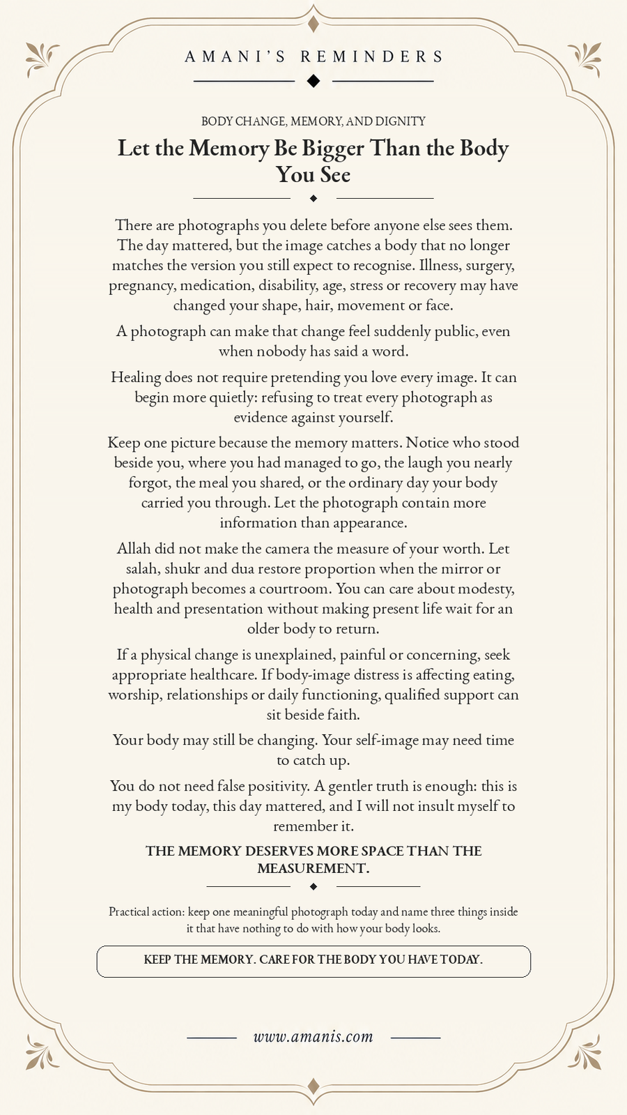 Amani's Reminders Islamic body-image poster about keeping meaningful photographs after body changes with dignity, shukr and gentle care.